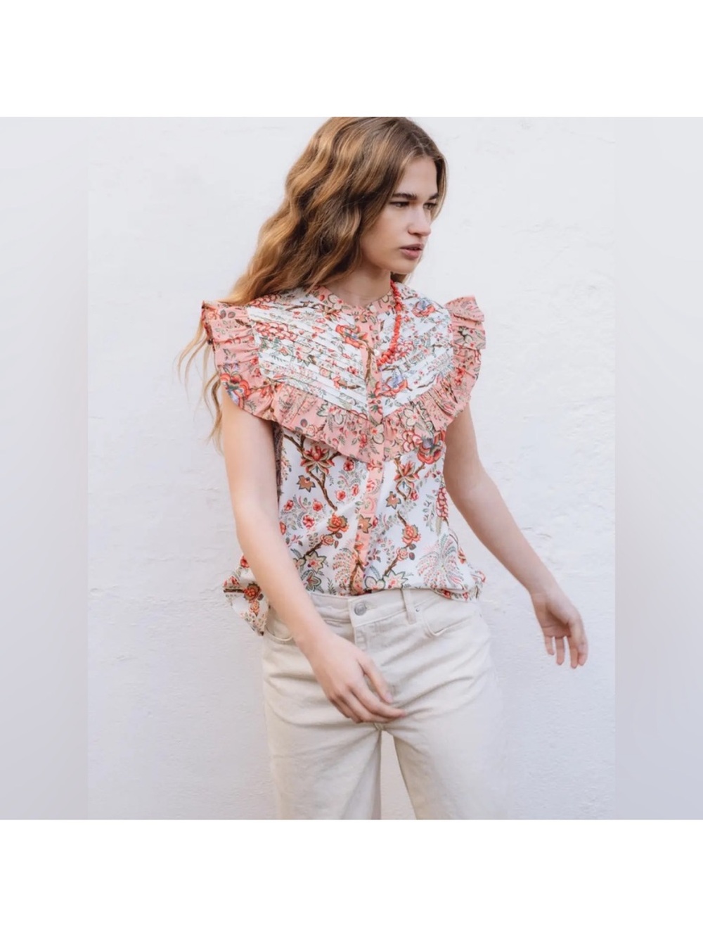 Sonmer xs Ruffled Floral Button-Front Blouse - White & Coral